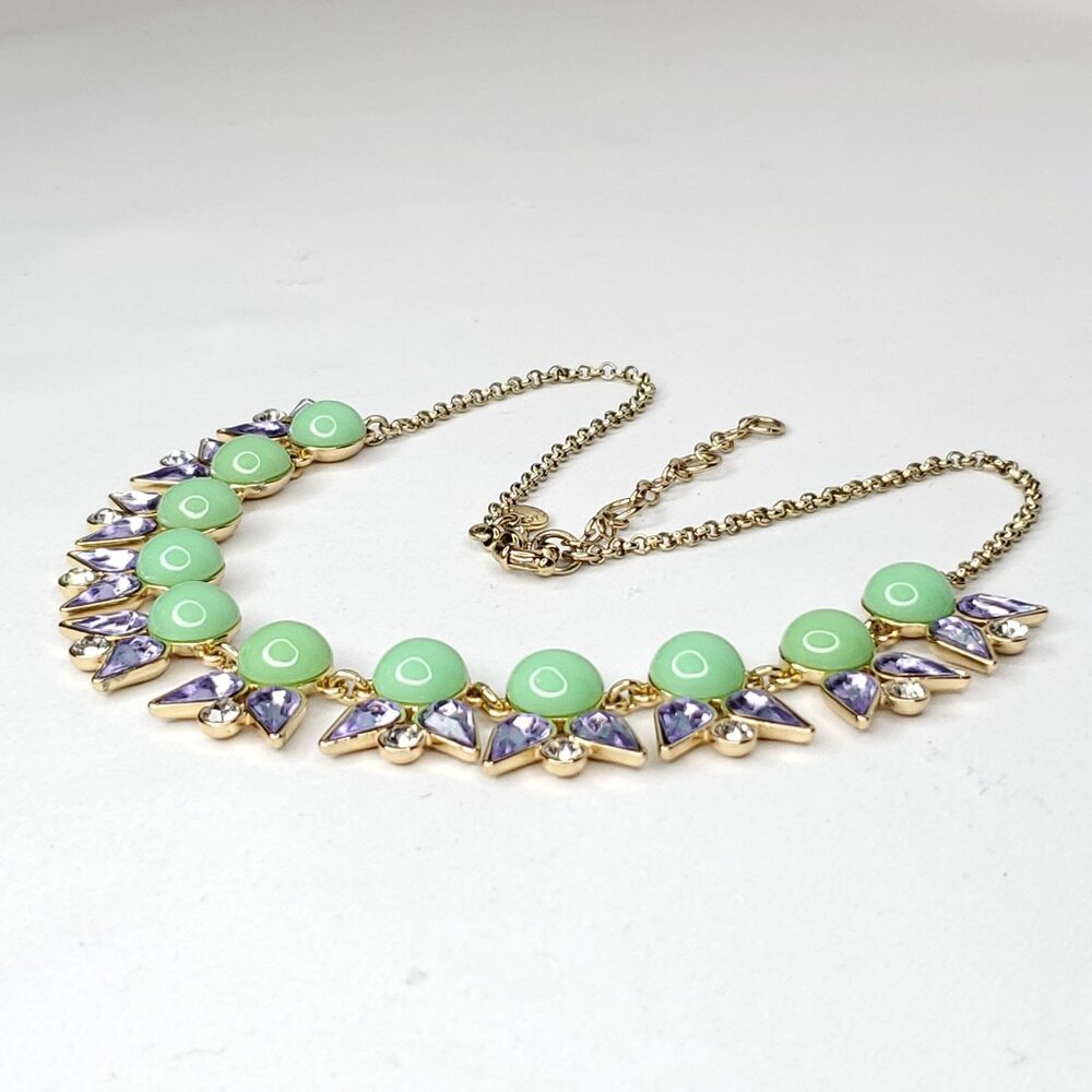 J Crew Necklace Rhinestone Purple Clear Green Beads Gold Tone 18"-20" - Picture 2 of 3